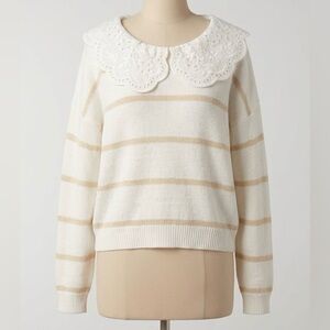Scalloped Lace Collar Striped Crewneck Sweater